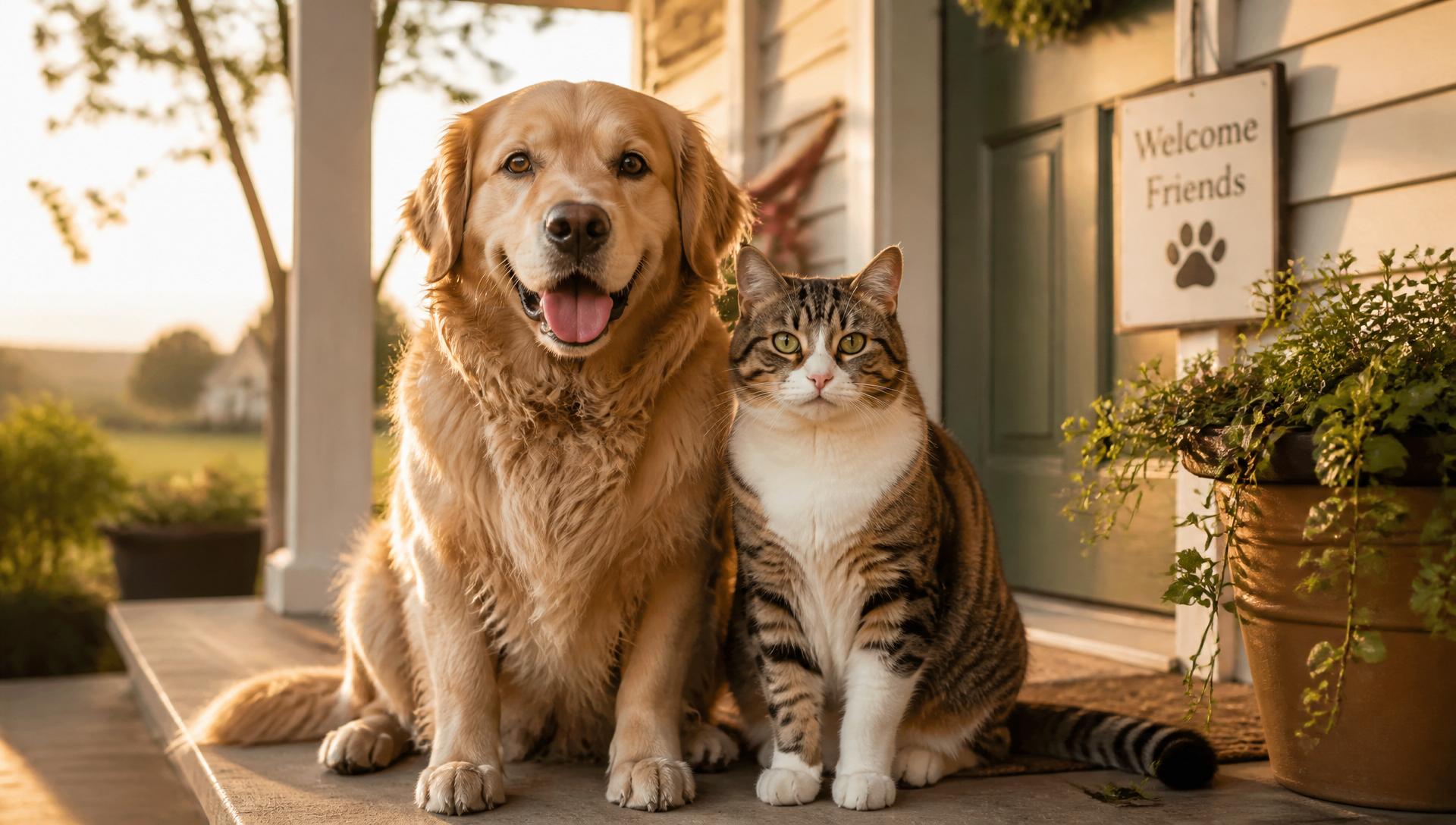 Chien et chat heureux devant une maison chaleureuse